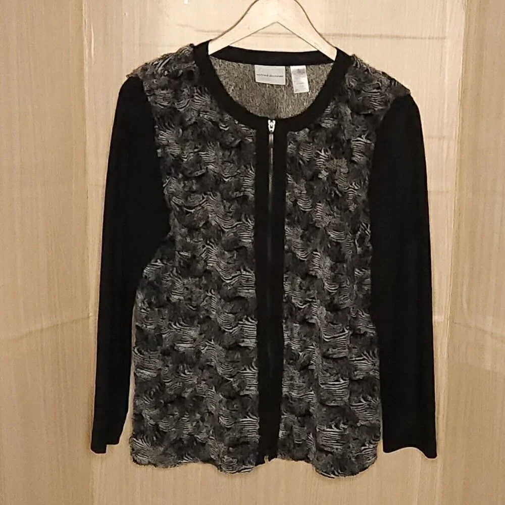 Alfred Dunner Black Grey Faux Fur Full Zip Knit Top 16 - Picture 1 of 6